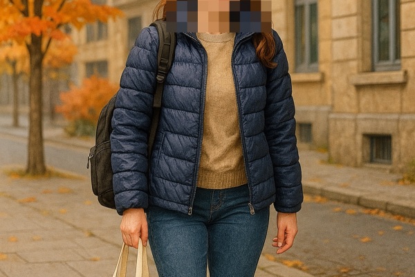スイス都市部 10月の服装例|ライトダウン+ニット+ジーンズの重ね着スタイル