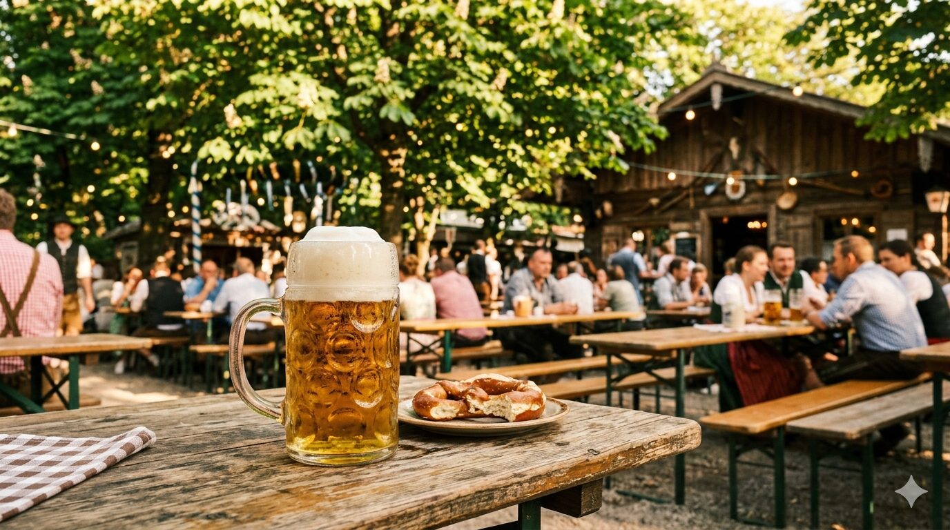 バイエルンのビアガルテンにあるマスクルーグ（1リットルのビールジョッキ）と黄金色のラガービール