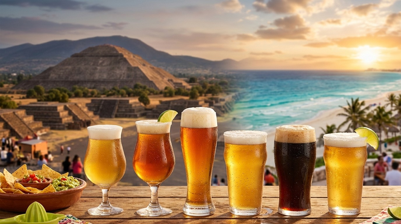 メキシコのビール文化 テオティワカンのピラミッドとカンクンのビーチを背景にビールグラスが並ぶ