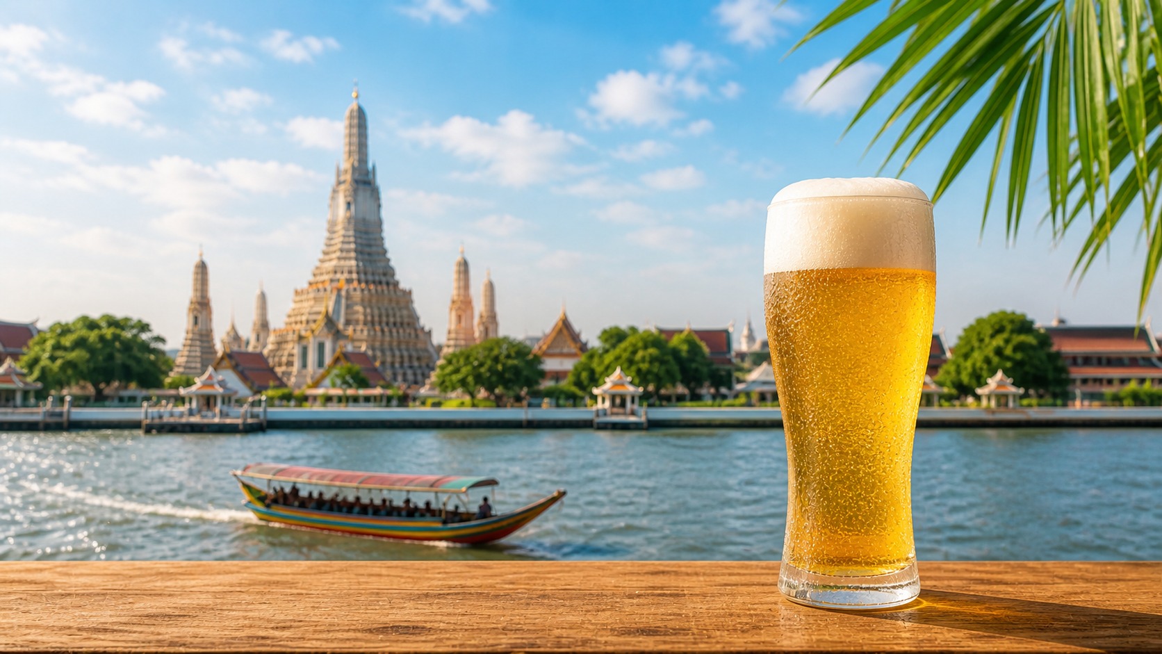 ワット・アルンを背景に冷えたビールグラスが並ぶタイの景色
