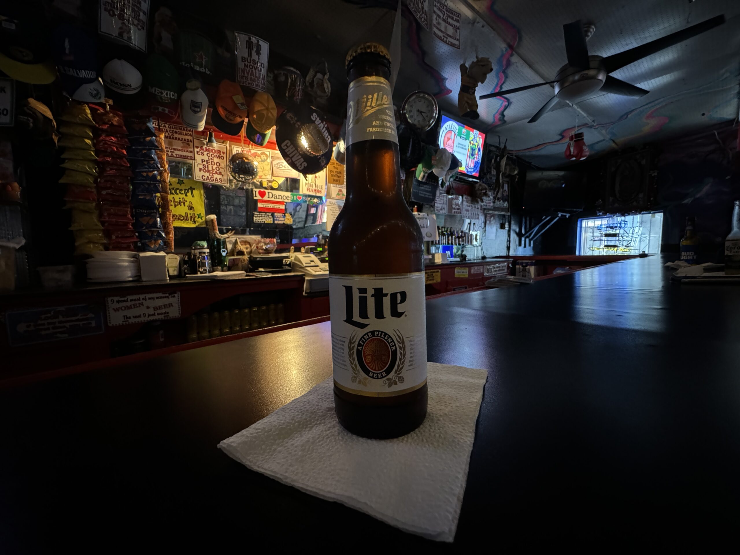 Miller Lite beer glass at La Costena bar, Los Angeles