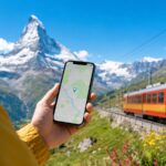 スイス旅行でスマホの地図アプリを使う様子(マッターホルンと登山電車のイメージ)