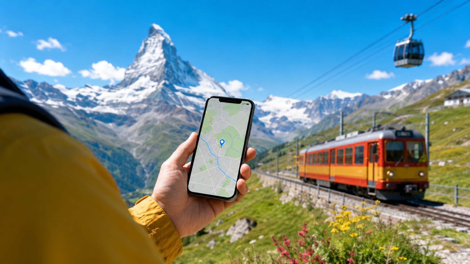 スイス旅行でスマホの地図アプリを使う様子（マッターホルンと登山電車のイメージ）