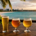 グアムの海を望むテラスに並ぶ3種類のビール