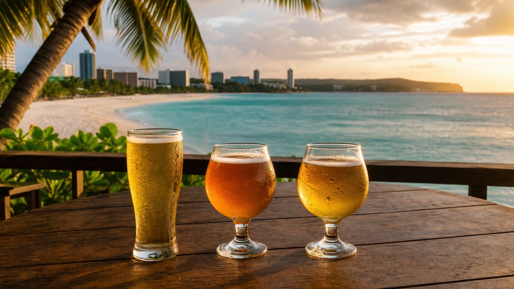 グアムの海を望むテラスに並ぶ3種類のビール