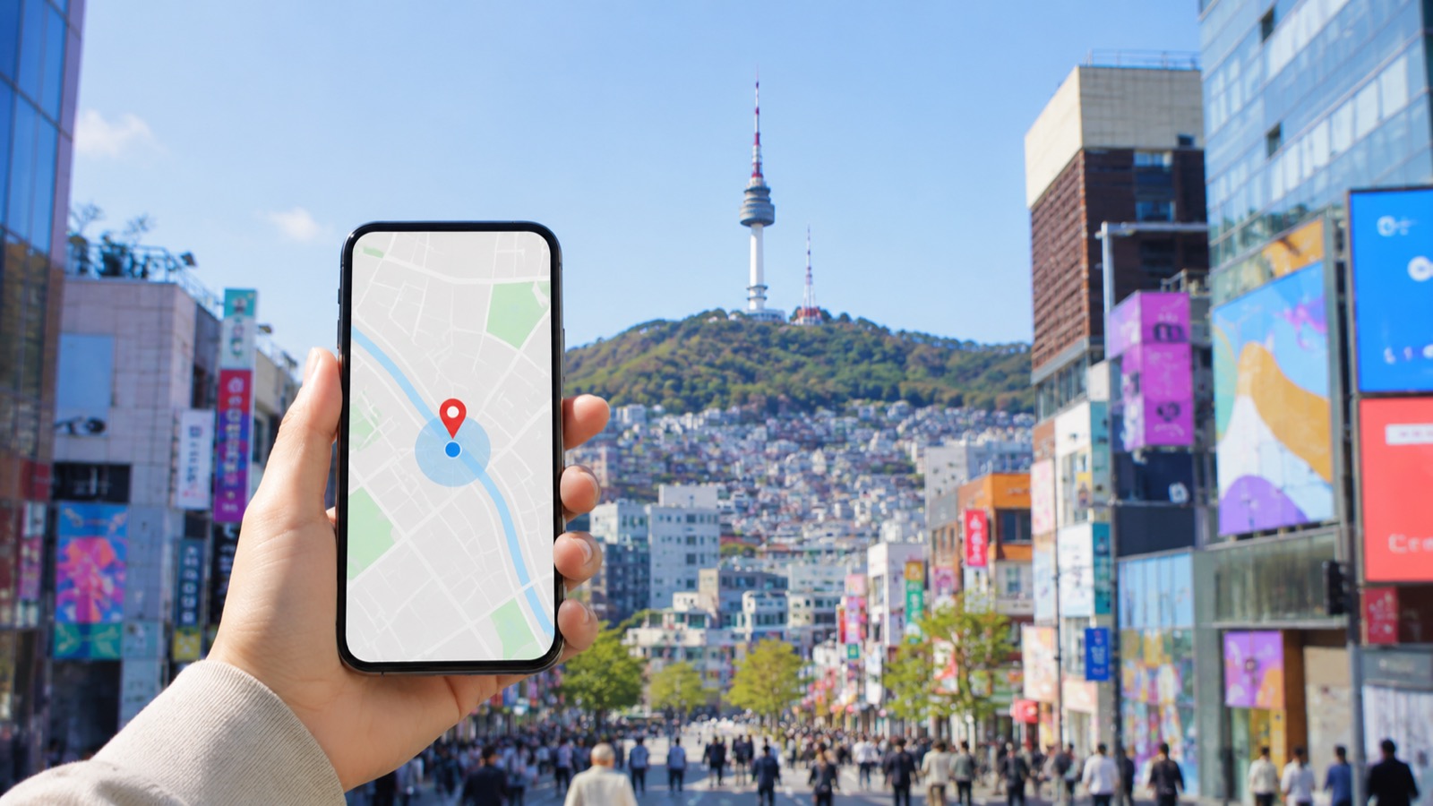 韓国ソウルの街並みとスマホの地図アプリ（韓国eSIMのイメージ）