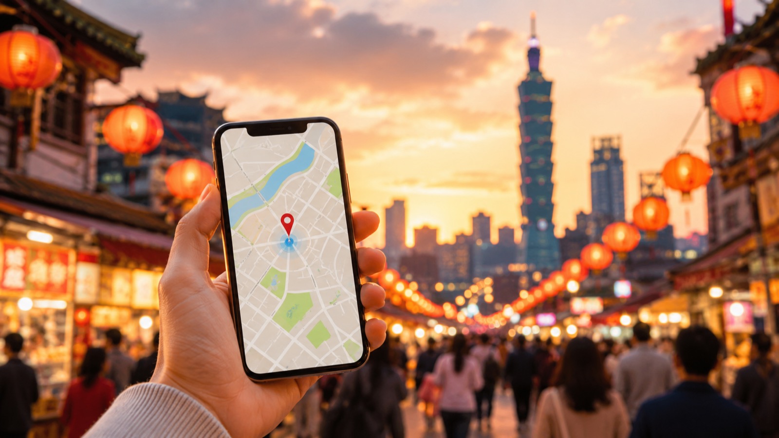 台北101と夜市の街並みとスマホの地図アプリ（台湾eSIMのイメージ）