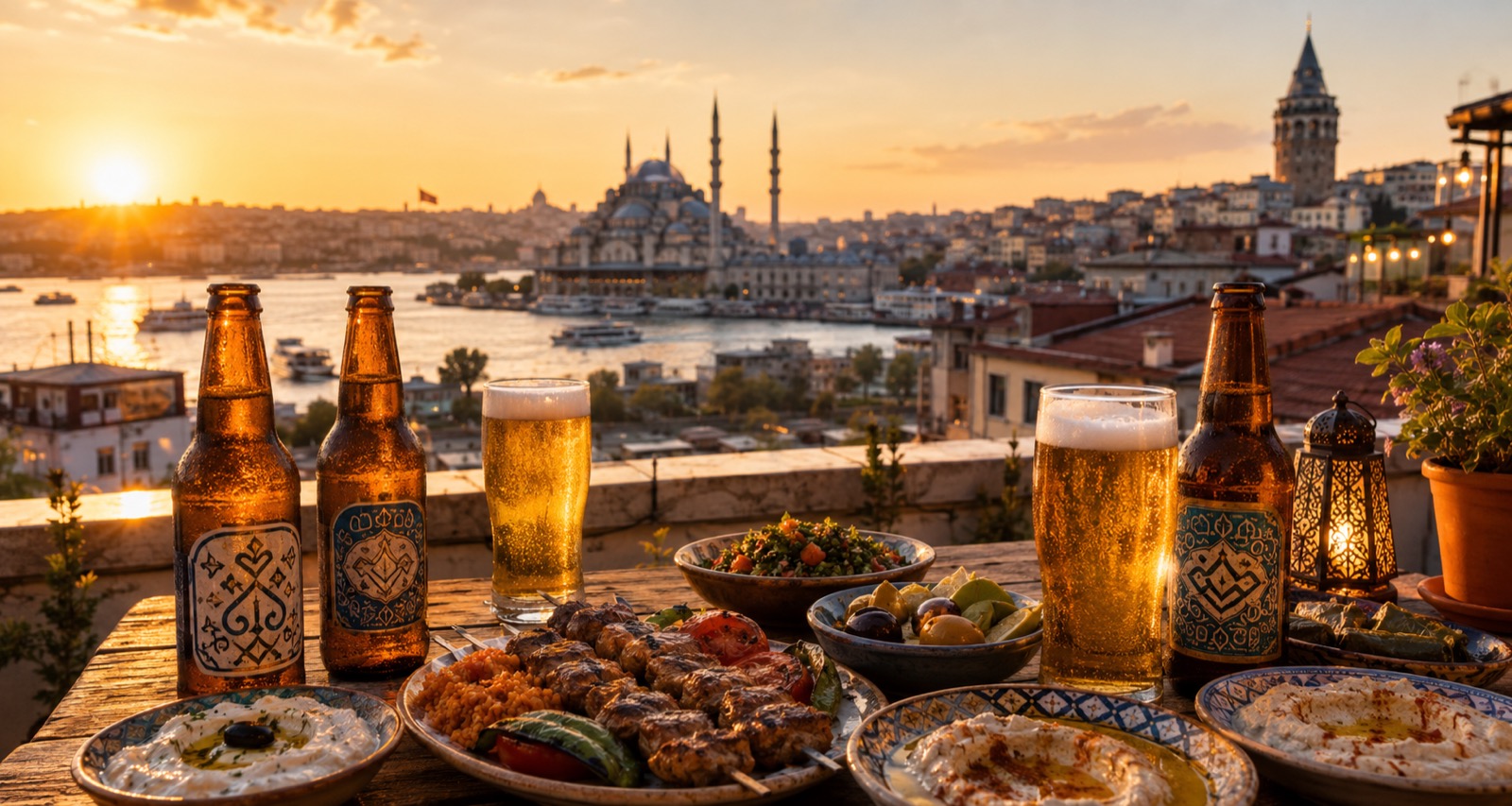 イスタンブールの夕景とビール（トルコビールのイメージ）